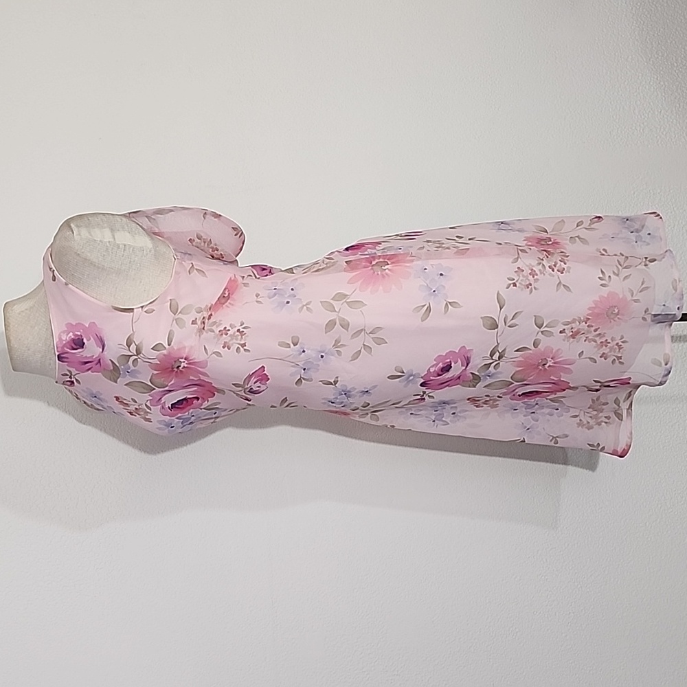 Dress Cowl Drape Back Floral Semi Sheer Overlay Lined Pink Size M - Picture 6 of 9